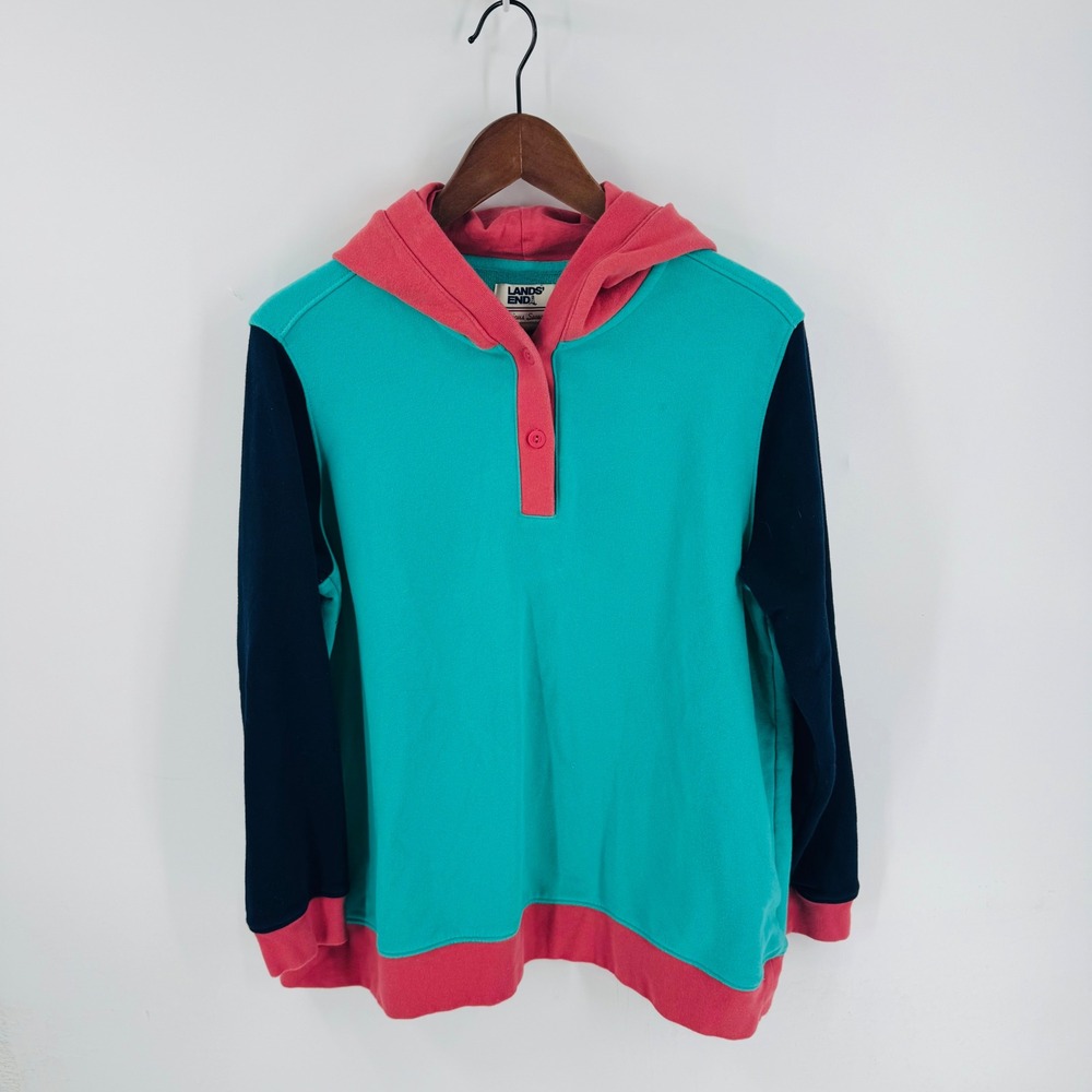 Lands End Serious Sweats Hoodie Size XL Colorblock Henley Pullover Dopamine Cozy